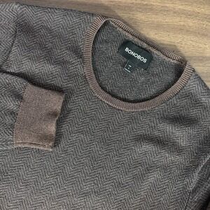 Bonobos Brown Herringbone Extra Fine Merino Wool Crewneck Sweater Mens S Slim